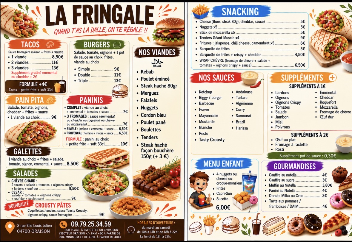 Carte officielle de La Fringale avec tous les tarifs