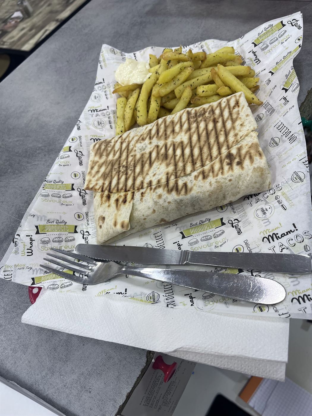 Sandwich grillé à la plancha servi avec des frites